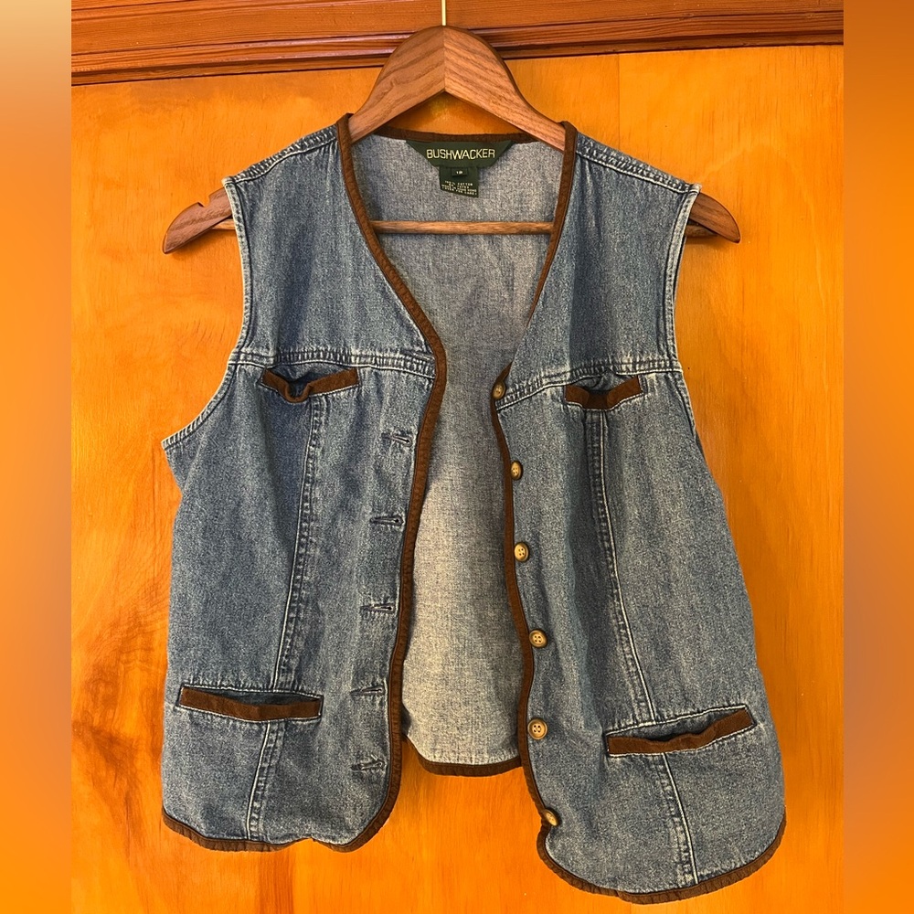VINTAGE Bushwacker Denim Vest with Brown Trim